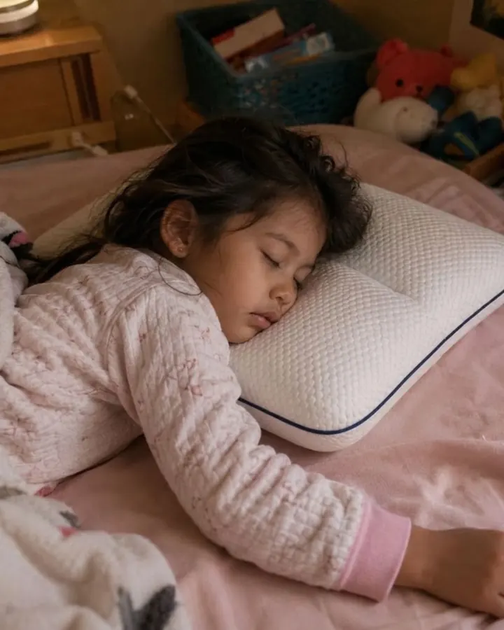 Little girl in pajamas asleep on her side on a white LittleBear pillow