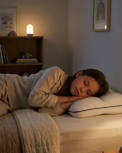 Child asleep on a white LittleBear Kids Posture Pillow in a warmly lit bedroom