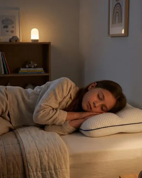 Child asleep on their side on the LittleBear Kids Posture Pillow next to a bedside lamp