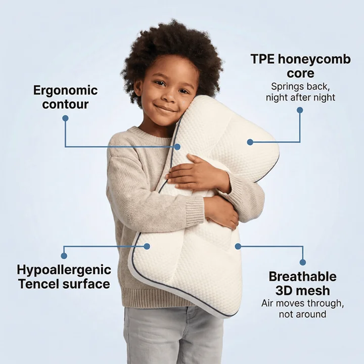 Child hugging the LittleBear pillow, with labels for the ergonomic contour, TPE honeycomb core, hypoallergenic Tencel surface and breathable 3D mesh