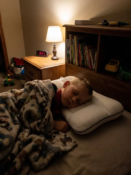 Young boy asleep under a blanket with his head resting on a low, contoured kids pillow